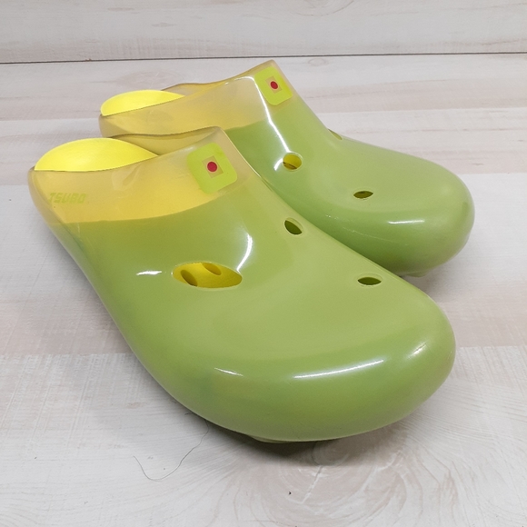 Tsubo Shoes - Tsubo Green and Yellow Rubber Cut-Out Slip-On Clog Mule Shoes Womens Size 10